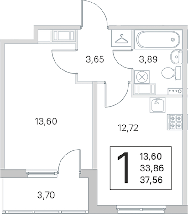1-комнатная квартира 33.86 м², 4/4 эт., ЖК «Любоград в Стрельне»